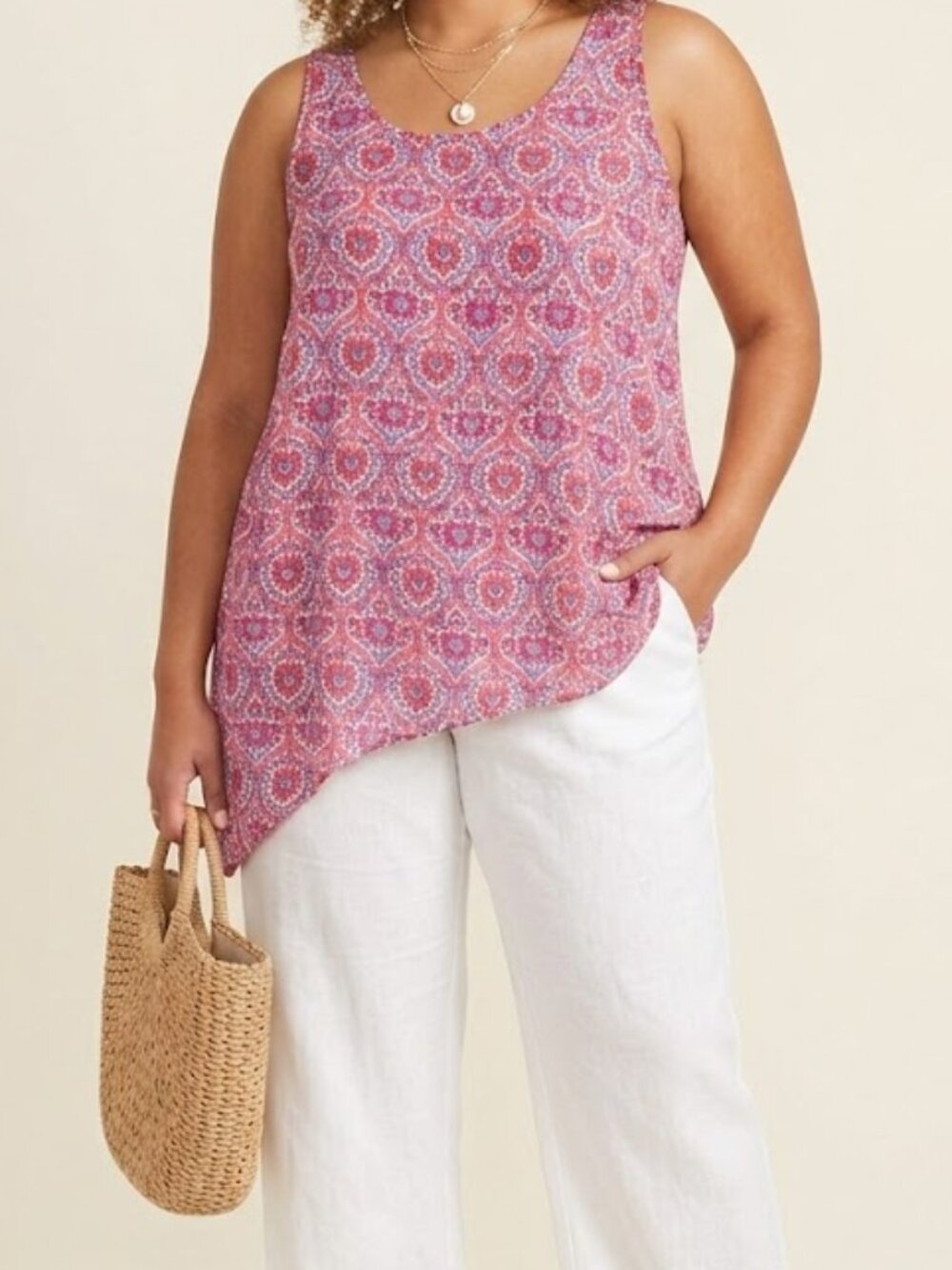 Cato Asymmetrical Sleeveless Blouse Boho Paisley Medallion Print Top Size L Pink